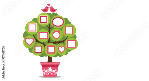 Decorative family tree grows in pink pot with various empty picture frames and two lovebirds perched on top on white background.