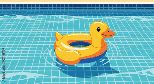 Bright yellow duck inflatable swim ring floats calmly on surface of clear blue rippling water in backyard swimming pool.