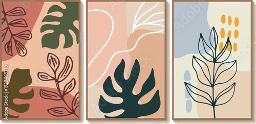 Monstera leaves with abstract shapes on coral pink background, minimalist botanical illustration, modern tropical wall art