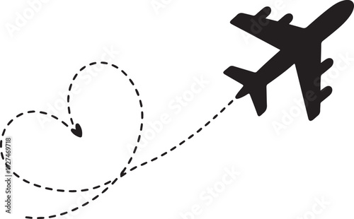 Airplane with Heart Shaped Flight Path Travel Concept Icon,Love Travel Concept with Airplane and Dashed Route Vector Illustration