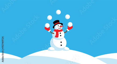 Jolly snowman wearing black hat and red scarf juggles white snowballs while standing on snowy hill under blue winter sky.