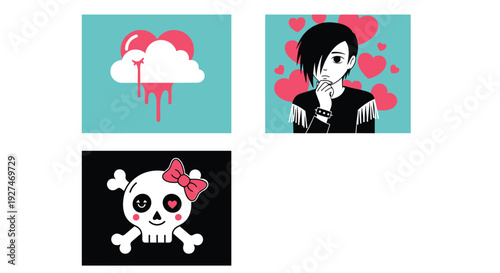 Collection of emo style illustrations including heart dripping from cloud thinking teenage boy and skull with pink bow.