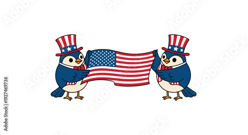 Two patriotic blue birds wearing uncle sam top hats work together to hold american flag against clean white background.