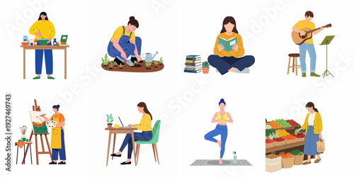 Collection of Daily Life Activities and Hobbies: Individuals Engaged in Cooking, Gardening, Reading, Music, Art, Work, Yoga, and Shopping