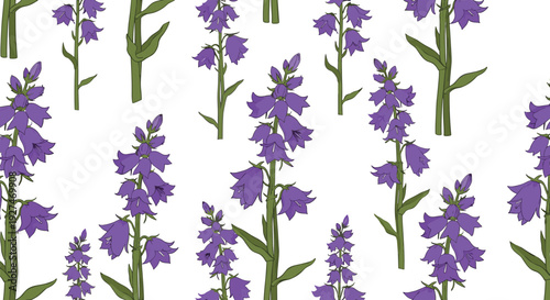 Seamless pattern with vibrant purple bellflowers and green stems on a clean white background, creating a fresh floral design.
