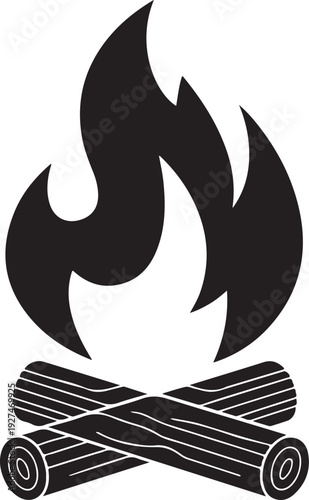 Campfire with Wooden Logs Black Silhouette Icon,Outdoor Bonfire Camping Symbol Vector Illustration