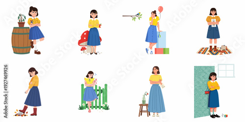 Collection of vector illustrations depicting a young woman's various negative emotions, including anger, frustration, and sulking.