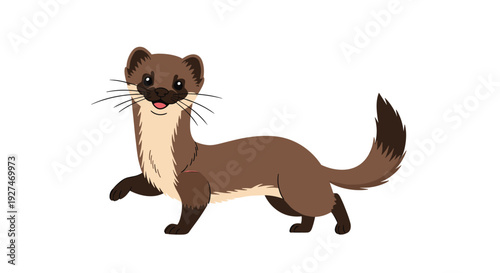 A charming and cute brown cartoon weasel illustration with a happy expression and lifted paw stands playfully on a clean white background.