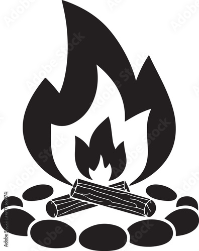Campfire with Firewood and Stone Circle Icon,Camping Fire Pit Silhouette Vector Design