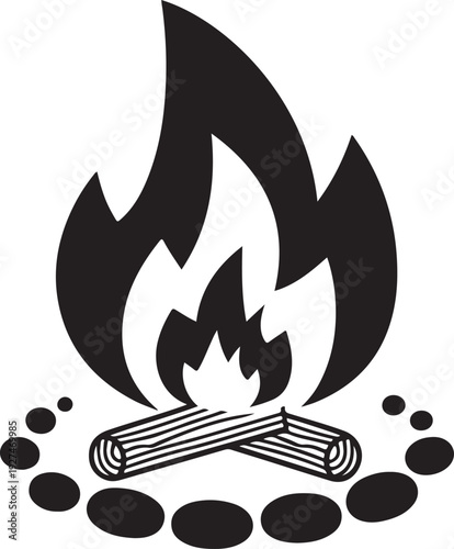 Campfire with Firewood and Stone Circle Icon,Camping Fire Pit Silhouette Vector Design