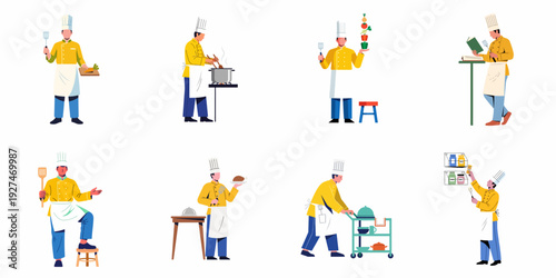 Dynamic chef illustrations showcasing diverse culinary activities: food preparation, cooking, recipe reading, and professional kitchen service. A vibrant collection for gastronomy.