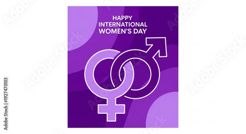 International women's day poster with purple venus symbols and happy international women's day text on purple background