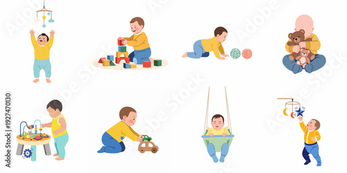 Happy and cute babies playing, crawling, and exploring with toys, illustrating various stages of early childhood development.