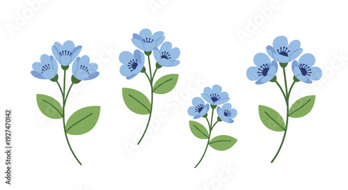 A collection of four simple illustrated blue flower arrangements with green leaves, perfect for spring and summer designs.