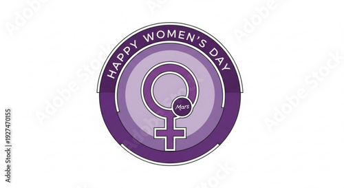 Happy women's day celebration badge with purple venus symbol on white background