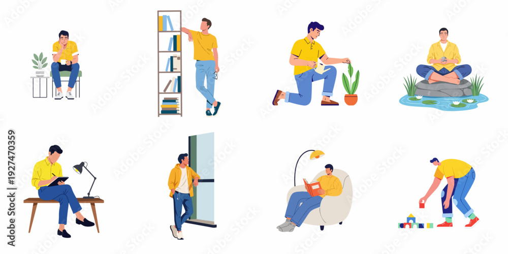 Fototapeta premium Man engaged in diverse leisure, learning, and self-care activities at home: reading, meditating, gardening, and creative play.