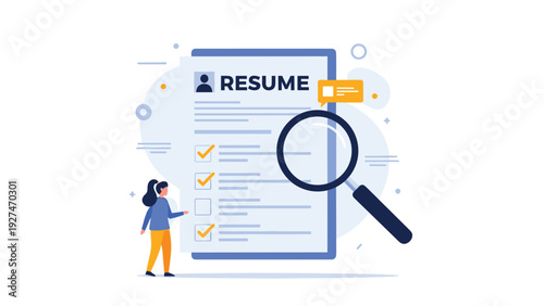 Recruitment and job search concept showing a human resources professional reviewing a large resume with a magnifying glass.