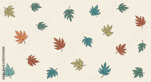 Seamless pattern of colorful hand-drawn autumn leaves scattered across a light background, perfect for fall season designs and textures.