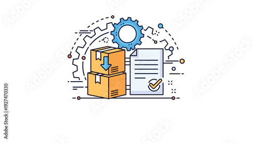 Logistics management illustration showing stacked packages, a checked document, and gears representing an efficient shipping process.