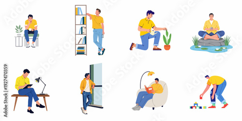 Man engaged in diverse leisure, learning, and self-care activities at home: reading, meditating, gardening, and creative play.