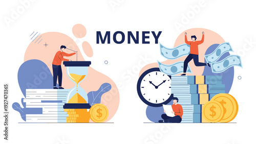 Financial management concept depicting people interacting with stacks of money, an hourglass, and a clock to show time is money.