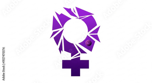 Purple shattered female symbol on white background representing empowerment and strength