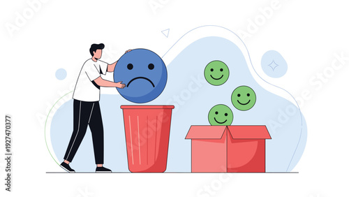 Emotional well being concept showing a man discarding a sad face icon into a trash bin while keeping happy faces in a box.