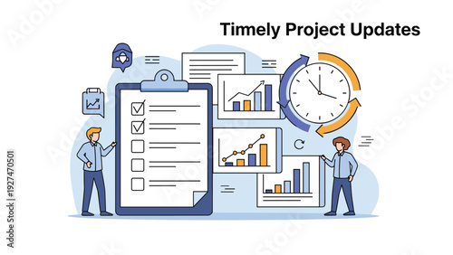Effective project management illustration with team members tracking progress through charts and a large clock for timely updates.