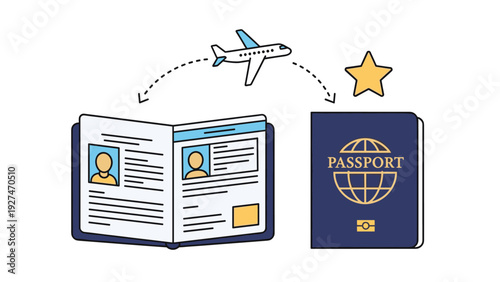 International travel theme showing open and closed blue passports with an airplane flying between them and a golden star icon.