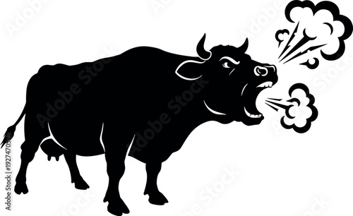 Black Silhouette of Angry Bull Breathing Fire in Minimalist Style for Symbolic or Artistic Use