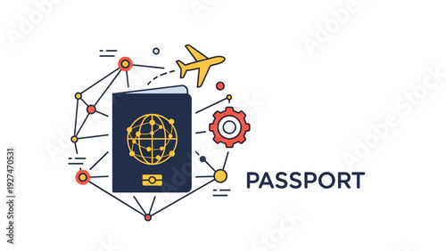 Global mobility concept with a blue passport icon linked to an airplane, a gear, and a complex network of connections and routes.