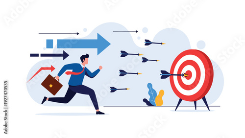 Ambitious businessman running with a briefcase towards a bulls eye target while evading arrows representing challenges and goals.