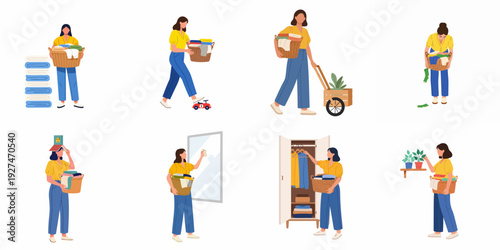 Woman performing various household chores including laundry, cleaning, and organizing in a series of daily domestic activities.