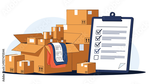Warehouse inventory management scene featuring multiple stacked cardboard boxes and a detailed checklist on a blue clipboard.