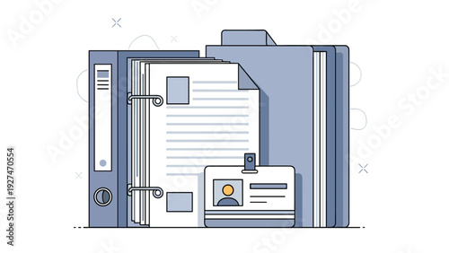 Corporate identity and document management illustration with office binders, a detailed file, and a personal identification card.