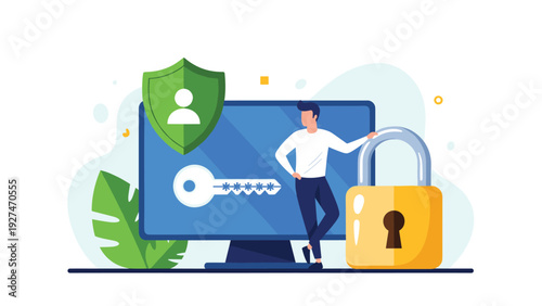 Information security professional standing next to a computer screen with a protective shield icon and a large yellow padlock.