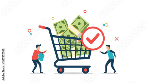 Successful sales and revenue growth concept showing a shopping cart filled with cash and a large red checkmark of approval.