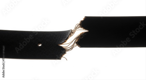 Close-up of a broken black leather belt with frayed edges isolated on a white background, showcasing damage and wear