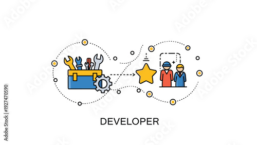 Software developer process concept with professional tools in a box and collaboration between team members with star icon.