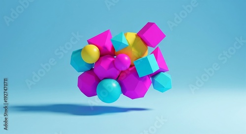 abstract 3D geometric shapes, such as cubes, spheres, and pyramids in vibrant colors. 