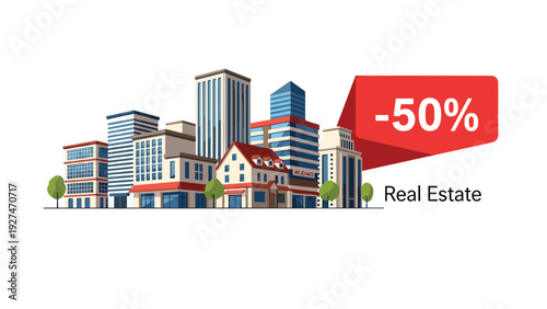 Large real estate discount and property sale concept with city buildings and fifty percent off price tag icon.