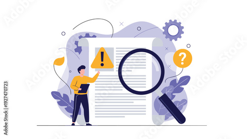Document auditing and error detection concept with professional examining report through magnifying glass tool.