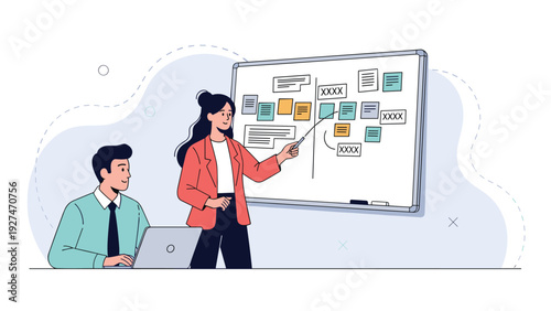 Business team brainstorming and project planning with woman explaining tasks on whiteboard with sticky notes.