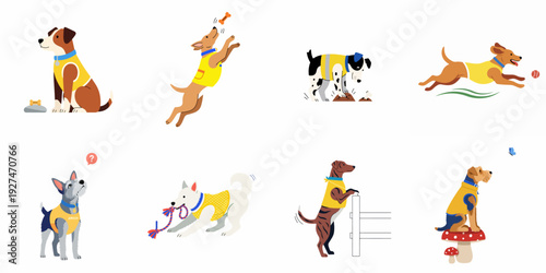 A vibrant collection of cartoon dogs in yellow vests, showcasing various playful activities: fetching, digging, running, and observing, highlighting their lively and curious nature.