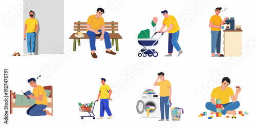 Diverse everyday challenges and emotional states of modern men: A collection of vignettes depicting stress, fatherhood, household chores, and the quest for well-being.