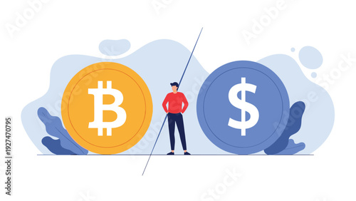 Cryptocurrency versus traditional fiat currency concept with man standing between bitcoin and dollar coins.