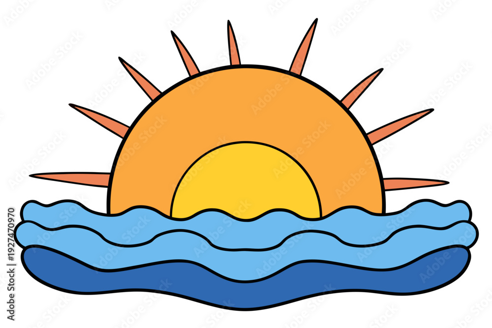 Fototapeta premium A vibrant vector graphic of a sun rising over calm ocean waves in a flat design style