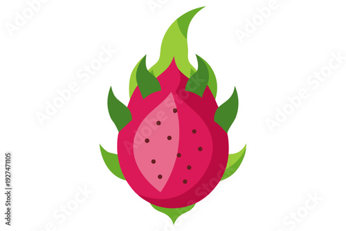 A vibrant pink dragon fruit with green leaves on a white background