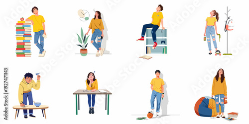 Contemporary Youth Lifestyle: Students, Leisure, and Casual Moments Illustrated