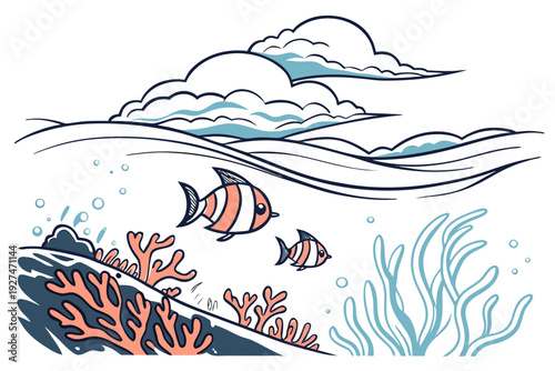 A colorful vector illustration of fish swimming near coral and seaweed underwater
